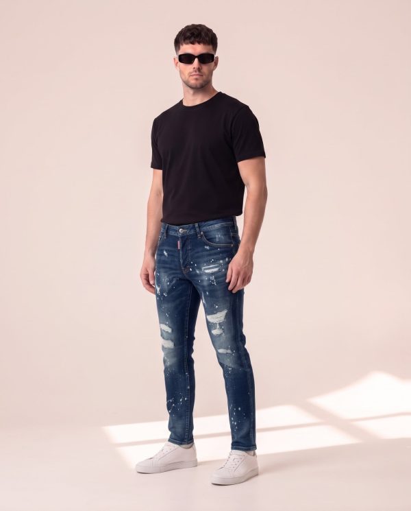 Dsquared2 modre kavbojke z raztrganinami in barvo