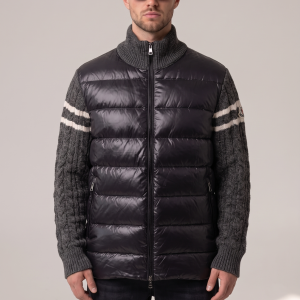 Moncler bleščeča puhovka s sivimi pletenimi rokavi